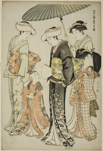 A Girl and Four Servants, from the series "A Brocade of Eastern Manners (Fuzoku Azuma no nishiki)" by Torii Kiyonaga (鳥居清長), print, 1778-1789