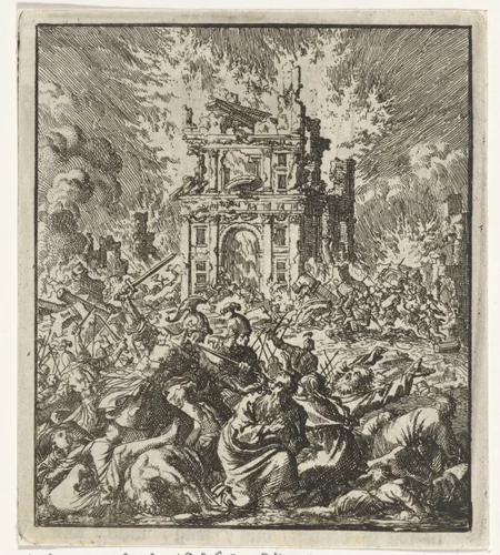 Romeinen doden de Joden, terwijl de Tempel brandt by Jan Luyken, print, 1706