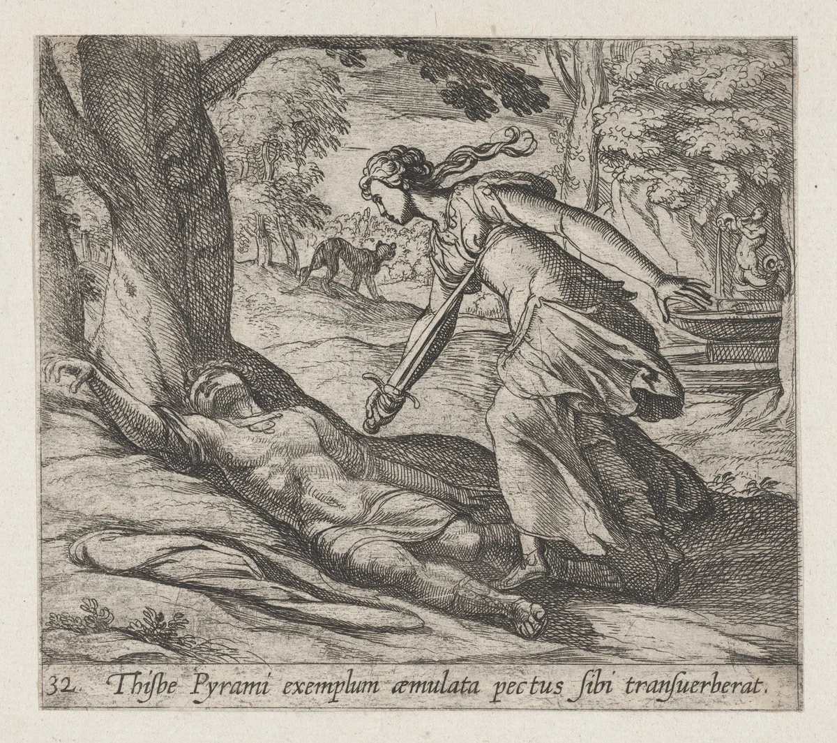 Plate 32: Thisbe Killing Herself (Thisbe Pyrami exemplum aemulata pectus sibi trasuerberat), from Ovid's 'Metamorphoses' by Antonio Tempesta, print, 1606