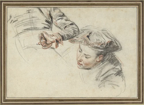 Manskop met baret en een hand aan een gevest by Jean-Antoine Watteau, drawing, 1717-1719