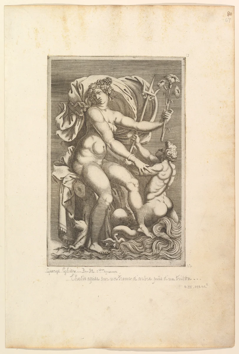 Thetis Seated with a Triton by anonymous, print, 1500-1599