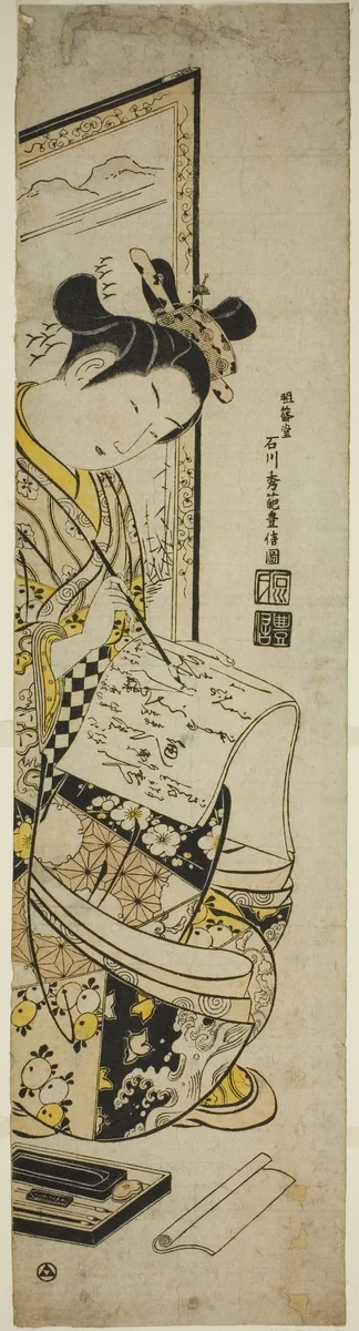 Woman Writing a Letter in Front of a Screen by Ishikawa Toyonobu, print, 1740-1744