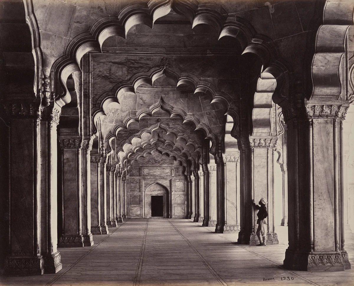 Agra. The Motee Hasjid in Pearl Mosque. View of the Entire Aisle by Samuel Bourne, photograph, 1863-1870