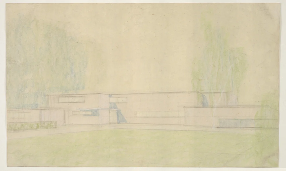 Josef Esters House, Krefeld, Germany, Perspective study of street facade by Ludwig Mies van der Rohe, mies van der rohe archive, 1927