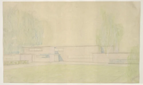 Josef Esters House, Krefeld, Germany, Perspective study of street facade by Ludwig Mies van der Rohe, mies van der rohe archive, 1927