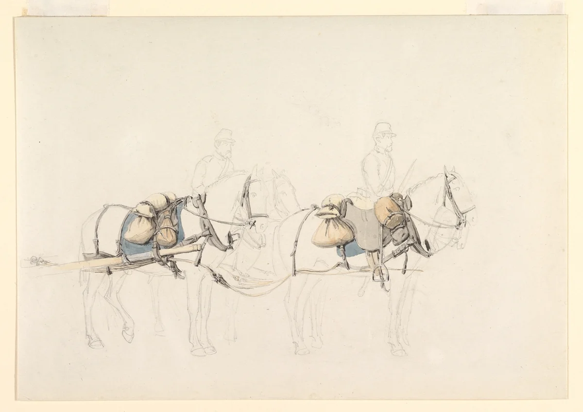 Studies of Four Horses with Two Horsemen by Jörgen Valentin Sonne, drawing, 1848-1851