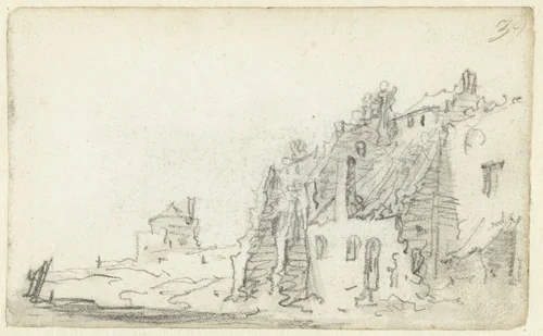 Huizen bij de stadsmuur van Kleve by Jan van Goyen, drawing, 1650-1651