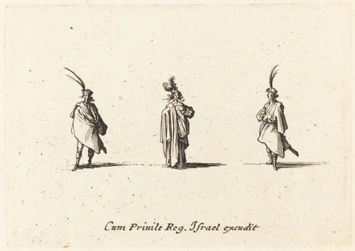Lady in Long Cloak, and Two Gentlemen by Jacques Callot, print, 1628-1638