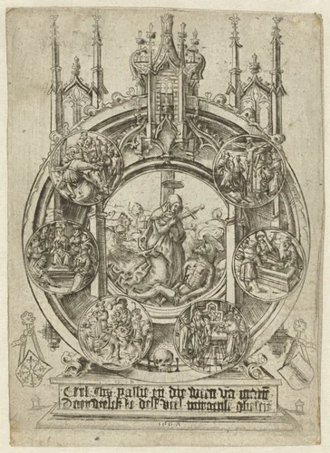 De bewening van Christus in een schrijn met zes andere voorstellingen uit het leven van Christus by Unknown, print, 1507