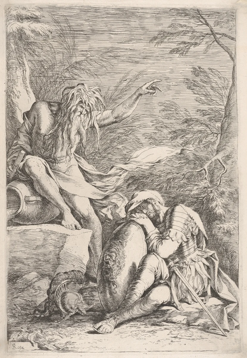 Dream of Aeneas, Aeneas rests on his shield, while the river god Tiber points upward by Salvator Rosa, print, 1658-1669