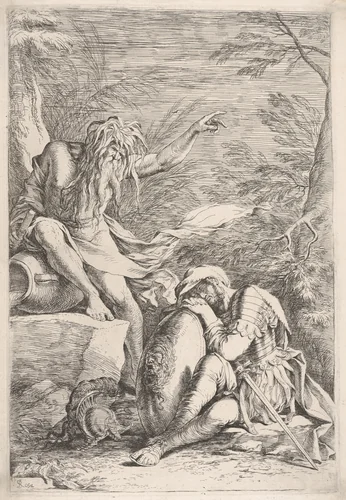 Dream of Aeneas, Aeneas rests on his shield, while the river god Tiber points upward by Salvator Rosa, print, 1658-1669