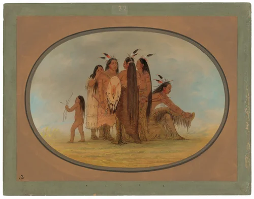 Four Mandan Warriors, a Girl, and a Boy by George Catlin, painting, 1861-1869