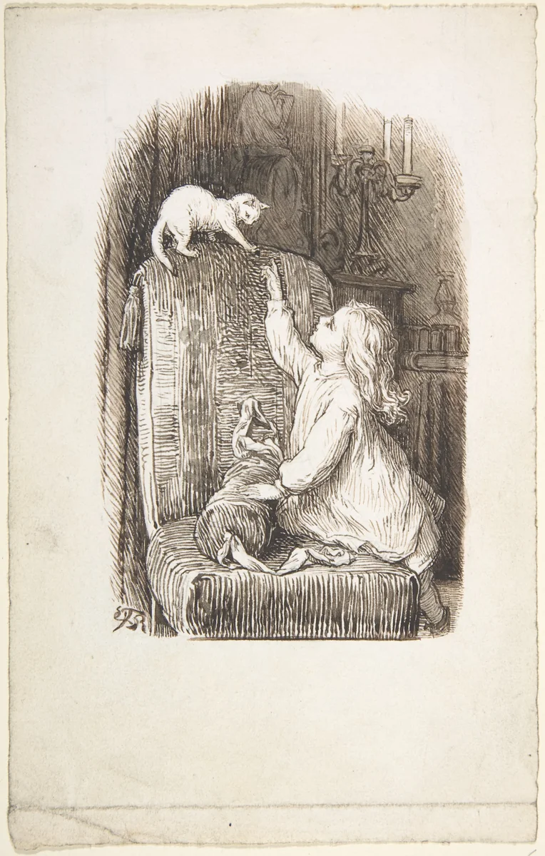 Child Climbing a Chair to Reach for a Kitten by Lorenz Frølich, drawing, 1835-1903