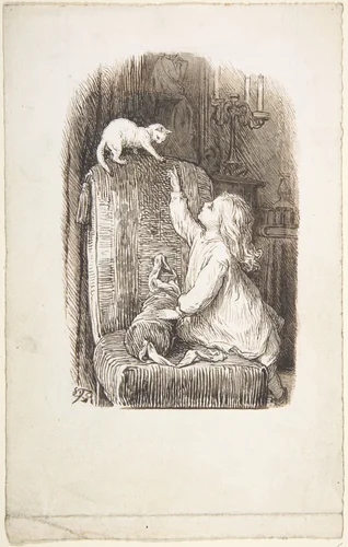 Child Climbing a Chair to Reach for a Kitten by Lorenz Frølich, drawing, 1835-1903