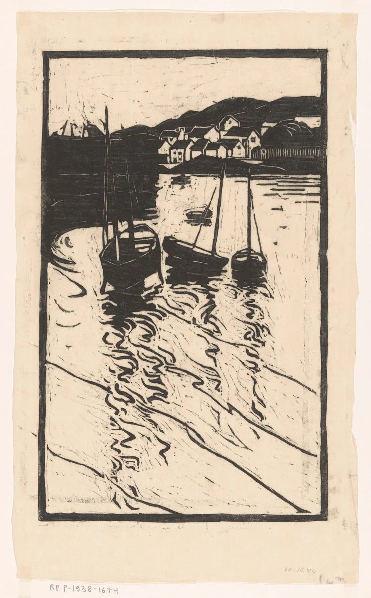 Afgemeerde schepen in de haven van Concarneau by Willem Adrianus Grondhout, print, 1888-1934