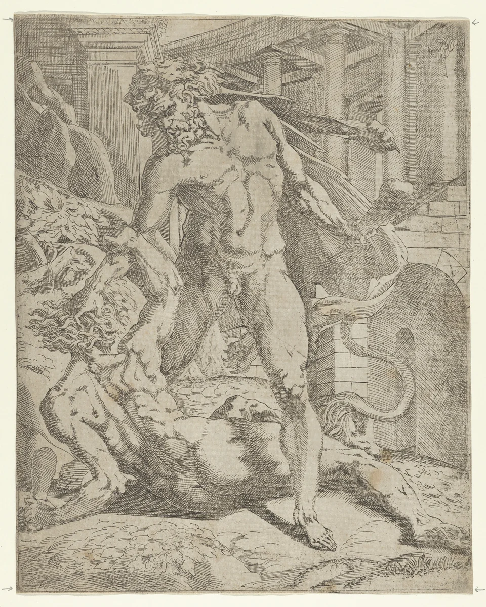 Hercules and Cacus by Antonio Fantuzzi, print, 1540-1545