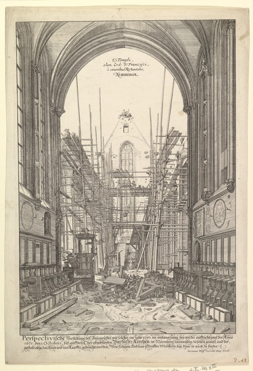 View of the Church of the Franciscans in Nuremberg under Reconstruction, from the series Views of Nuremberg by Johann Ulrich Kraus, print, 1637-1719
