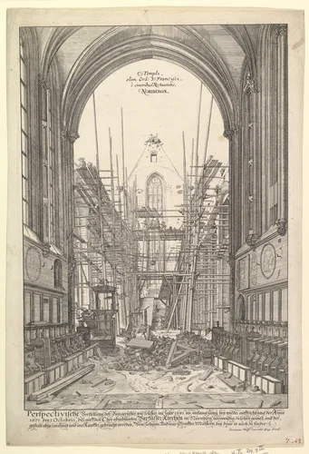 View of the Church of the Franciscans in Nuremberg under Reconstruction, from the series Views of Nuremberg by Johann Ulrich Kraus, print, 1637-1719