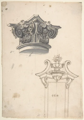 Designs for a Capital, and for a Doorway by anonymous, drawing, 1700-1780