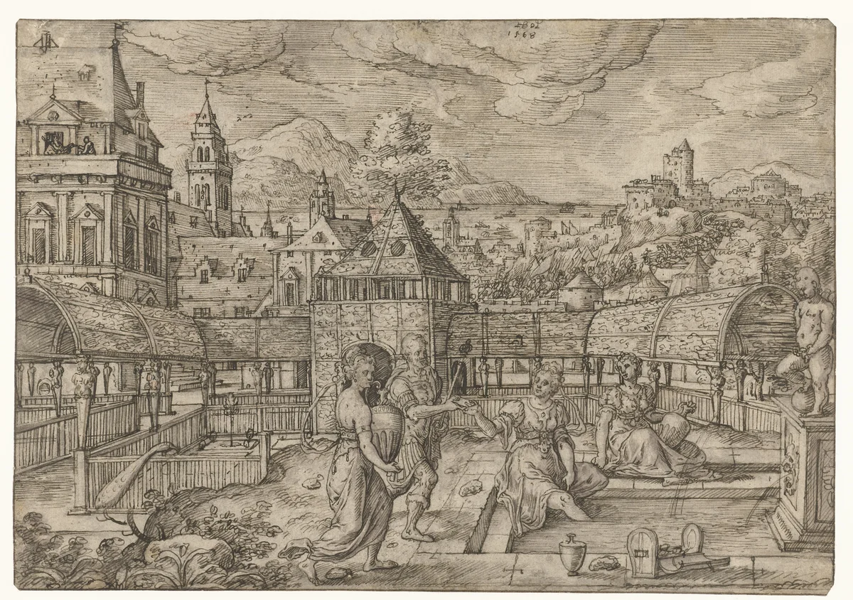 Bathseba ontvangt het bericht van Uria by Hans Bol, drawing, 1568