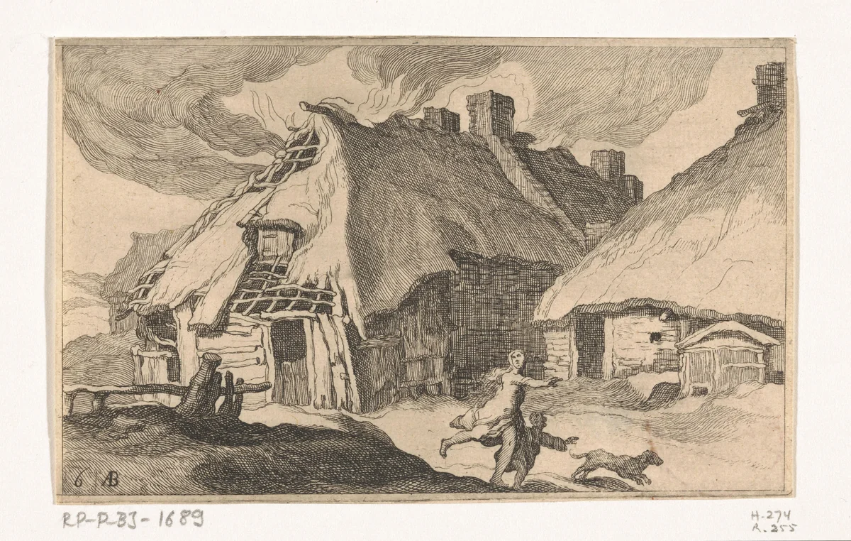 Brandende huizen by Frederick Bloemaert, print, 1635