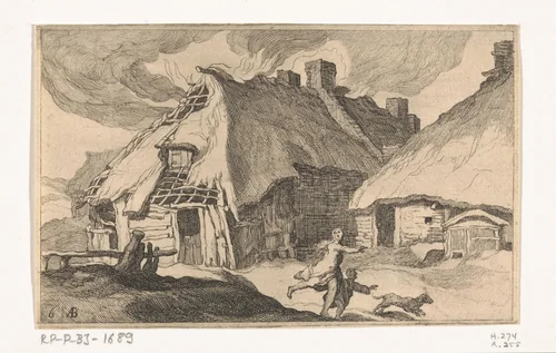 Brandende huizen by Frederick Bloemaert, print, 1635
