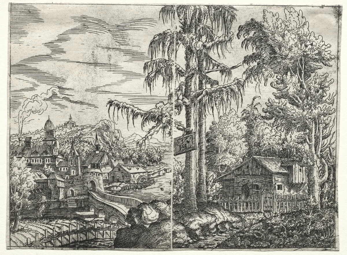 Landscape with the Town on a River and the Cottage between Trees by Hanns Lautensack, print, 1551