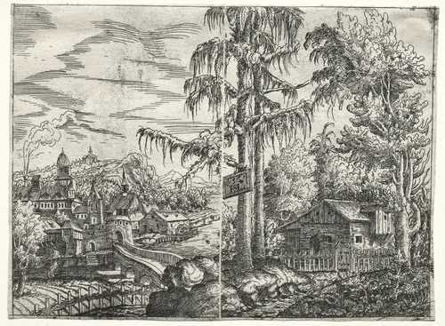 Landscape with the Town on a River and the Cottage between Trees by Hanns Lautensack, print, 1551