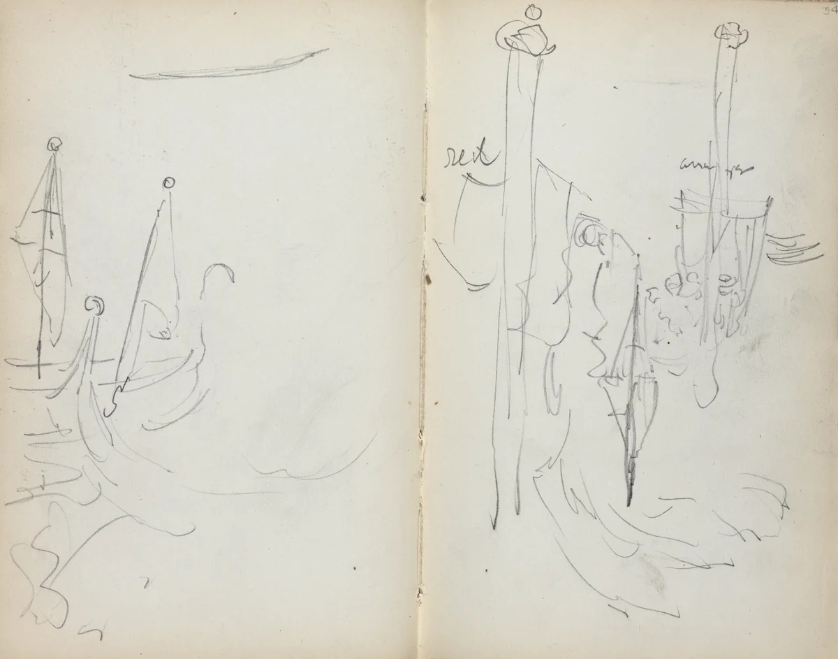 Italian Sketchbook: Venetian Harbor View (page 33 & 34) by Maurice Prendergast, book, 1898-1899