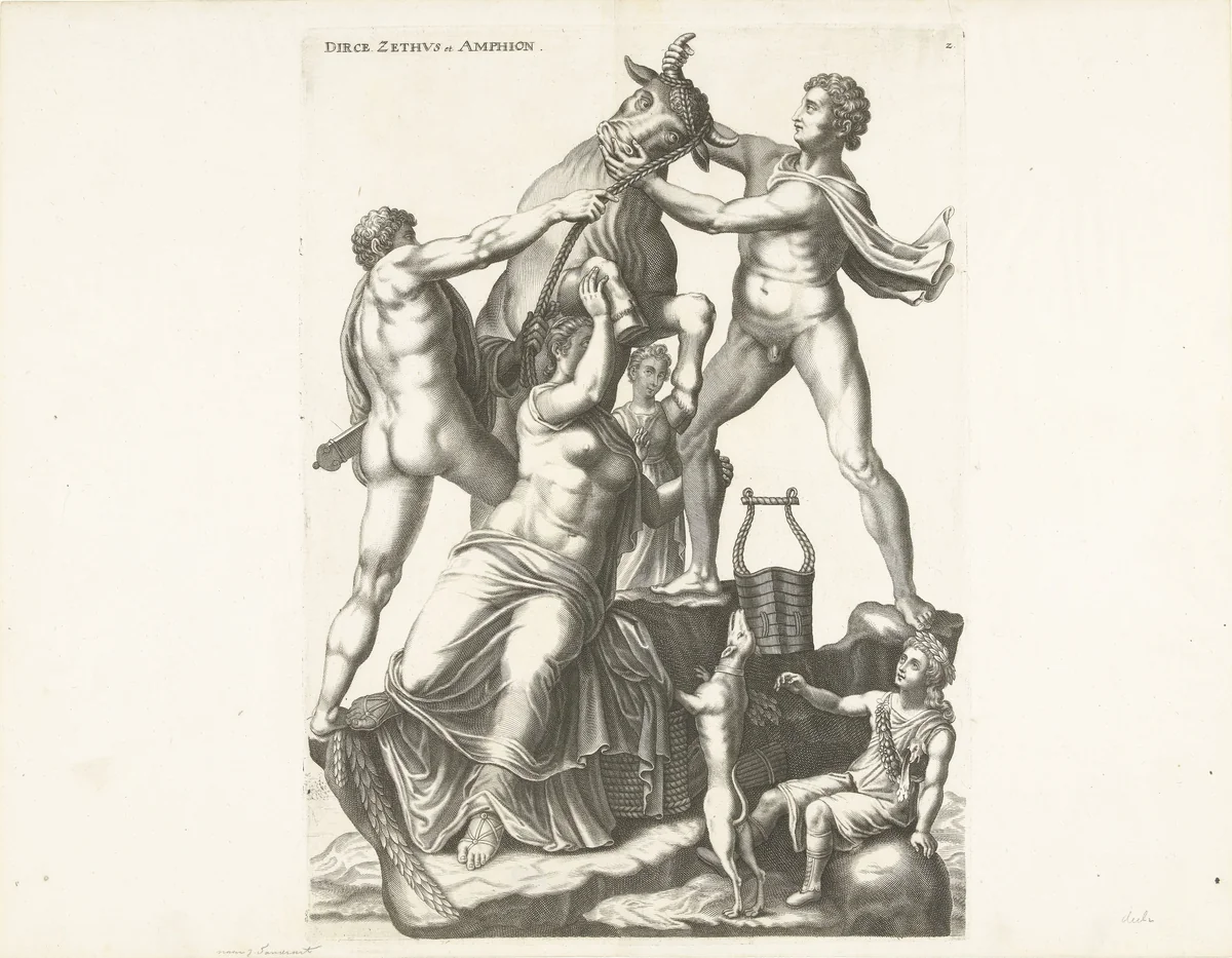 Zethus en Amphion binden Dirce aan de horens van een wilde stier by Richard Collin, print, 1675-1680