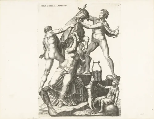 Zethus en Amphion binden Dirce aan de horens van een wilde stier by Richard Collin, print, 1675-1680