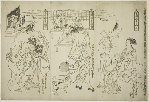 Cooling off at Ryogoku: A Set of Three (Ryogoku suzumi sanpukutsui) by Okumura Masanobu (奥村政信), print, 1743-1753