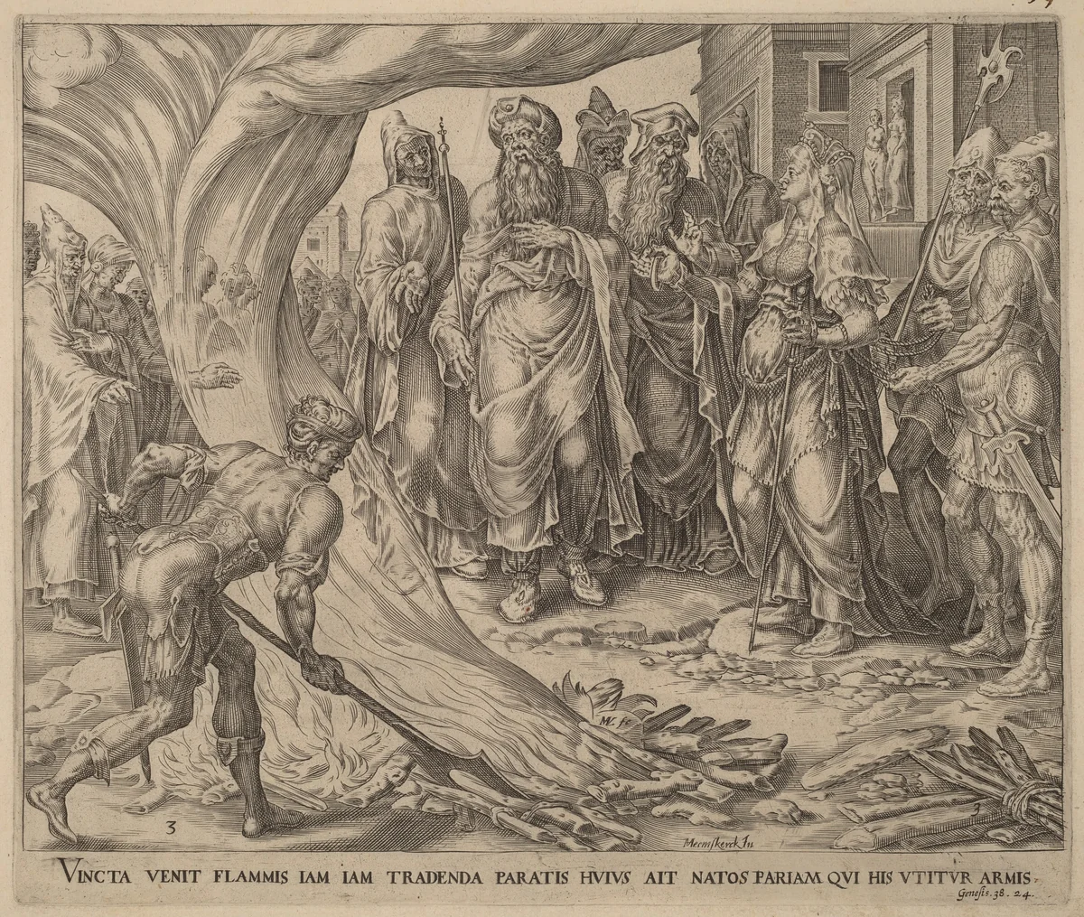 Tamar Brought to Execution by Herman Jansz Muller; Maerten van Heemskerck, print, 1566