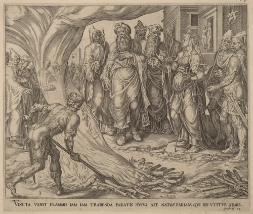 Tamar Brought to Execution by Herman Jansz Muller; Maerten van Heemskerck, print, 1566