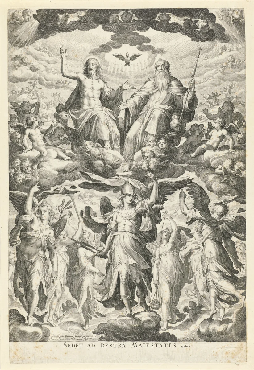 Aartsengel Michaël en de heilige Drie-eenheid by Unknown, print, 1591