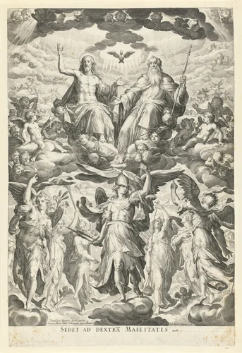 Aartsengel Michaël en de heilige Drie-eenheid by Unknown, print, 1591