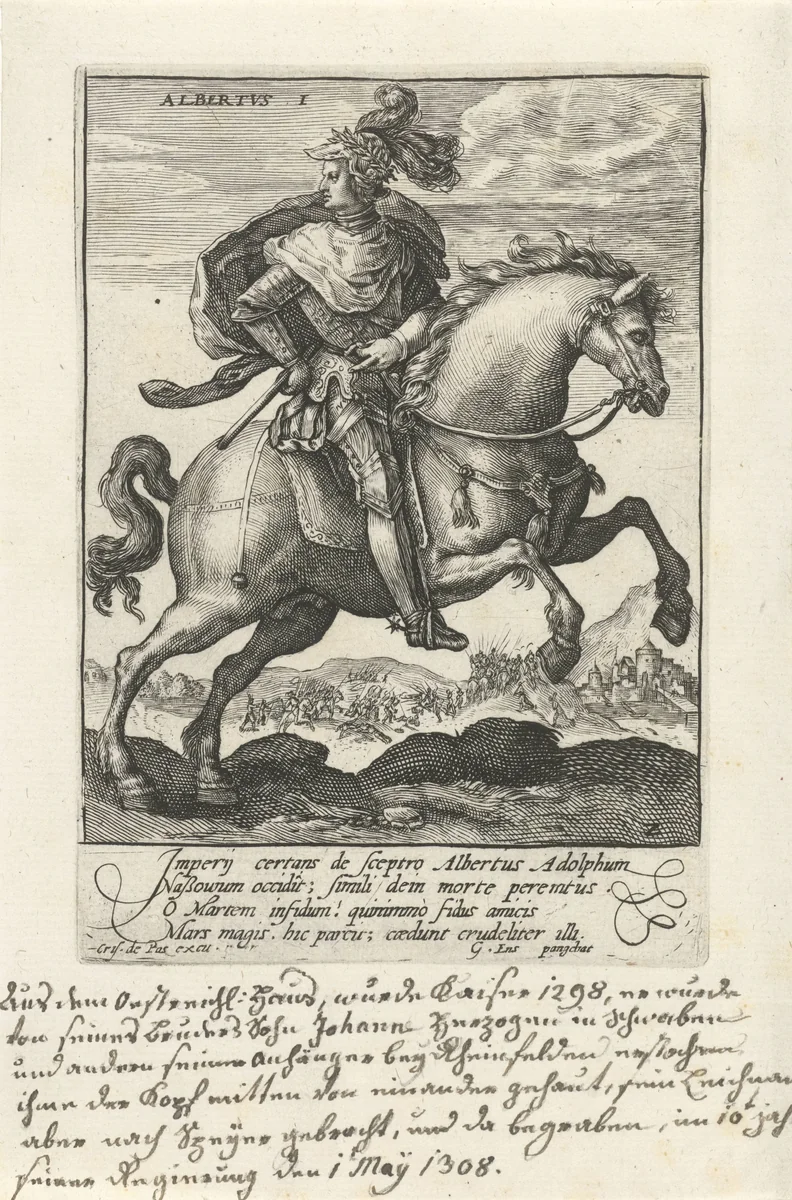 Albrecht I van Habsburg te paard by Crispijn van de Passe, print, 1604