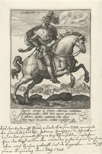 Albrecht I van Habsburg te paard by Crispijn van de Passe, print, 1604