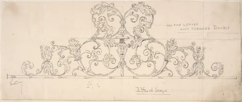 Wrought Metal Foliate Ornament with Grotesque Masks by anonymous, drawing, 1870-1890