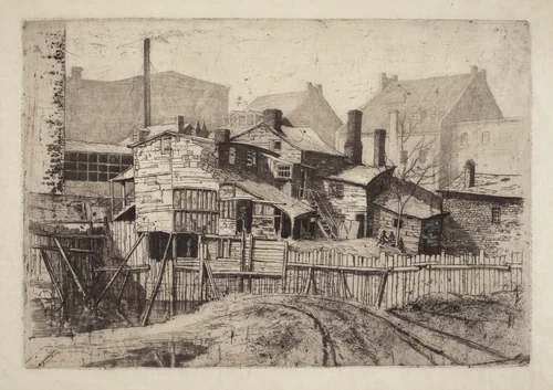 Untitled (Wooden House in City) by Charles Frederick William Mielatz, print, 1880-1889