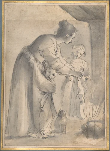 A Domestic Scene by Annibale Carracci, drawing, 1582-1584