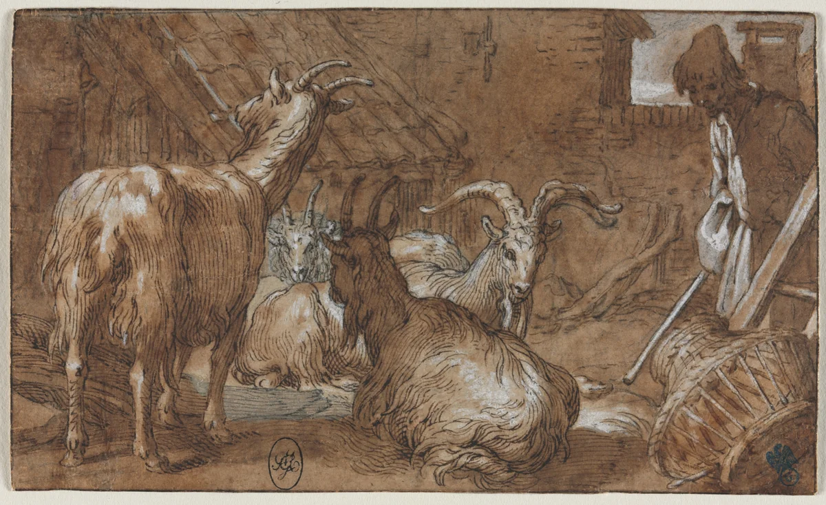 A Barnyard with Goats and a Goatherd by Abraham Bloemaert, drawing, 1610-1615