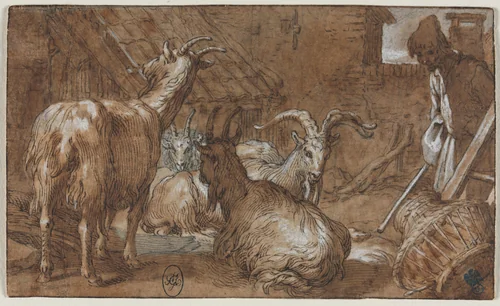 A Barnyard with Goats and a Goatherd by Abraham Bloemaert, drawing, 1610-1615