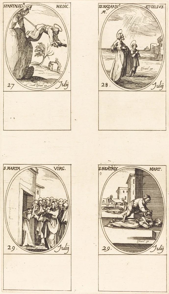 St. Pantaleon; Sts. Nazarius and Celsus; St. Martha; St. Beatrice by Jacques Callot, print, 1627-1637