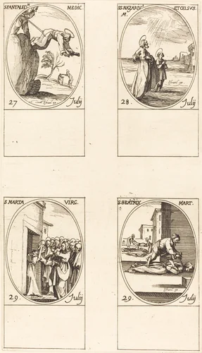 St. Pantaleon; Sts. Nazarius and Celsus; St. Martha; St. Beatrice by Jacques Callot, print, 1627-1637
