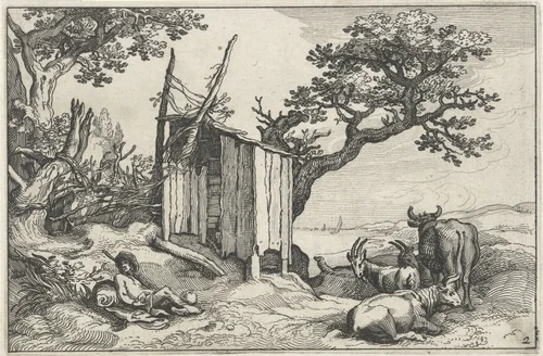 Landschap met een houten schuur by Claes Jansz Visscher, print, 1620