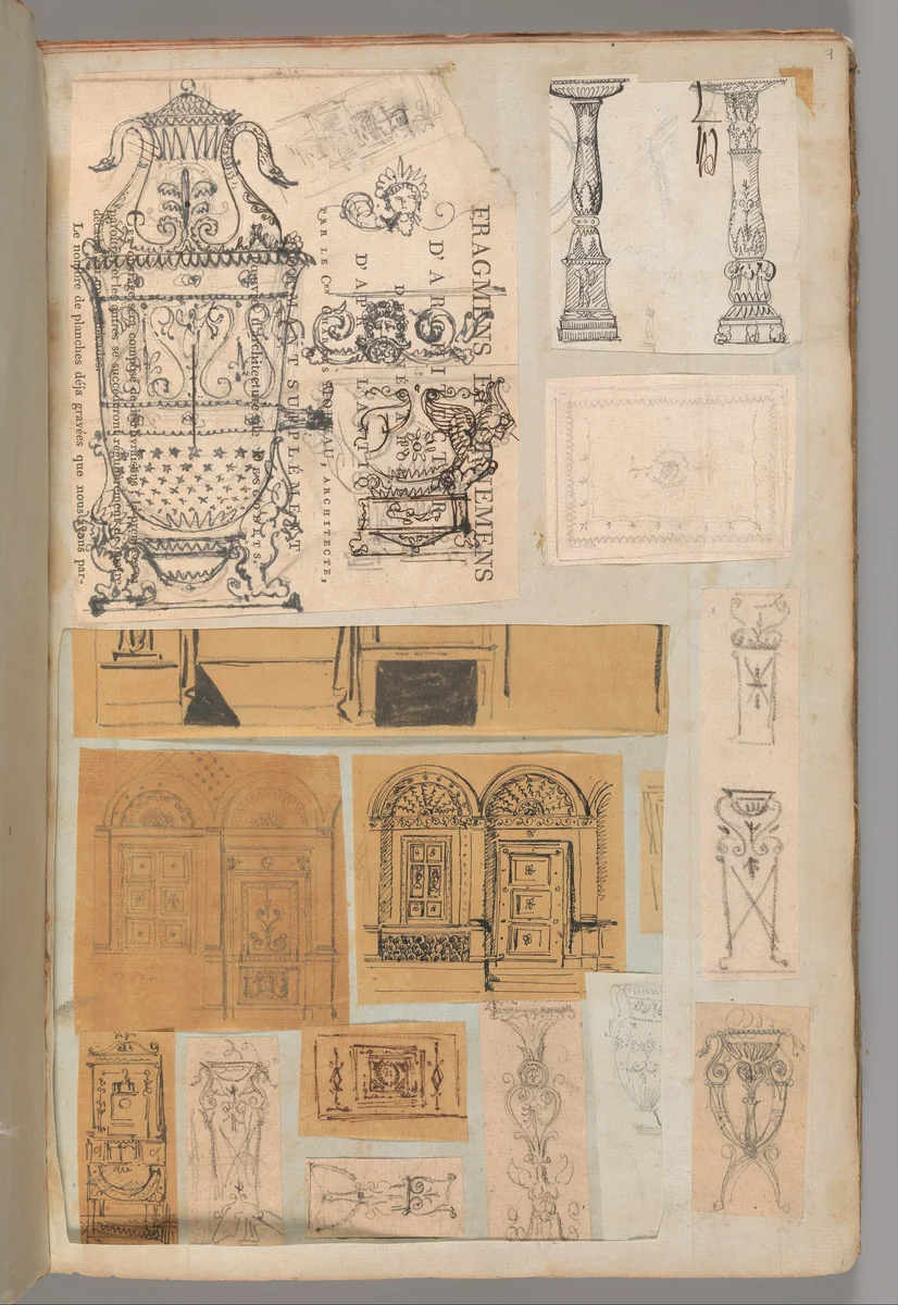 Page from a Scrapbook containing Drawings and Several Prints of Architecture, Interiors, Furniture and Other Objects by Charles Percier, book, 1795-1805