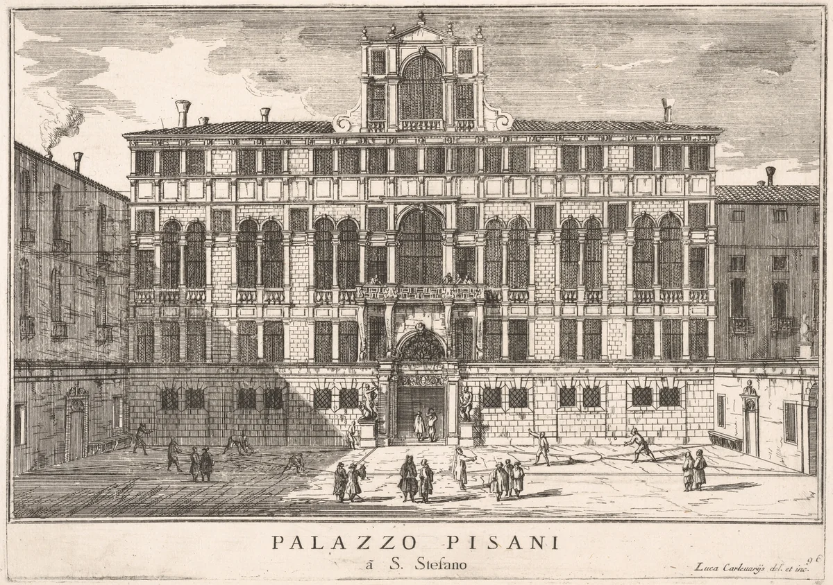 Plate 96: View of the facade of the Pisani Palace in Campo Santo Stefano, Venice, 1703, from "The buildings and views of Venice" (Le fabriche e vedute di Venezia) by Luca Carlevaris, print, 1703