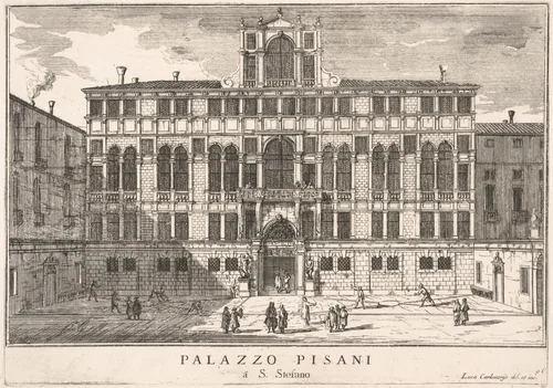 Plate 96: View of the facade of the Pisani Palace in Campo Santo Stefano, Venice, 1703, from "The buildings and views of Venice" (Le fabriche e vedute di Venezia) by Luca Carlevaris, print, 1703