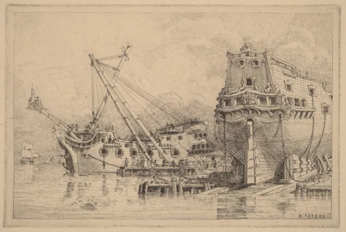 Two Large Ships under Construction by N. Artsay, print, 1780-1899